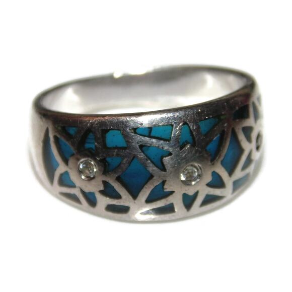 925 Vintage Estate Sterling Silver Ring Statement Blue Sun Catcher Grid Size 7 - Picture 1 of 4